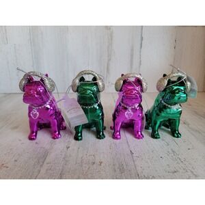 Wonder‎ shop pink green bulldog puppy earmuff ornament Xmas set glitter
